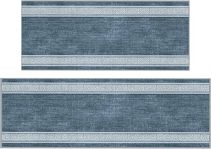 Ottomanson 2-Piece Kitchen Rug Set - Non Slip Runner & Washable Mat - 1'11" x 4' + 1'11"' x 5' - Durable, Stain Resistant for Entryway, Bedroom and Bathroom, Greek Border Greyish Blue