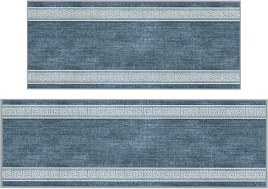 Ottomanson 2-Piece Kitchen Rug Set - Non Slip Runner & Washable Mat - 1'11" x 4' + 1'11"' x 5' - Durable, Stain Resistant for Entryway, Bedroom and Bathroom, Greek Border Greyish Blue