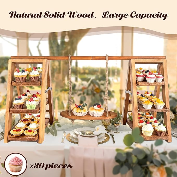 Wooden 3 Tier Cupcake Stand, Rustic Cupcake Display Stand for Dessert Table, Foldable Serving Tray Tower for Party, Wedding, Birthday, Baby Shower, Holiday Events