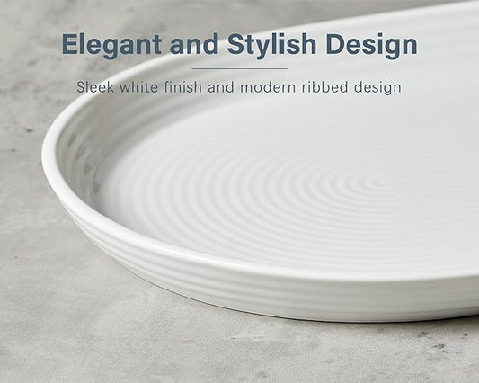 ONEMORE 16 Inch Ceramic Serving Plates for Entertaining, Set of 2 Large Oval Dinner Plates- Dishwasher Oven Safe Serving Tray for Food Meat Fish Parties- Porcelain Thanksgiving Turkey Platters - White