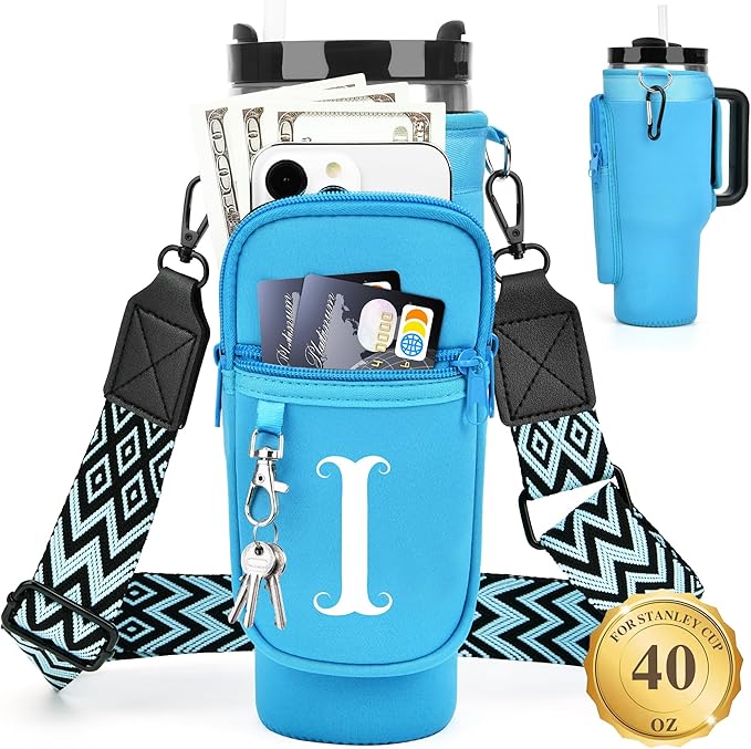 LOKASS Personalized Water Bottle Holder with Strap for Stanley Cup Accessories 40 oz Tumbler, Initial Water Bottle Carrier Bag/Phone Pocket, Mother's Day/Birthday Gifts for Women/Girls