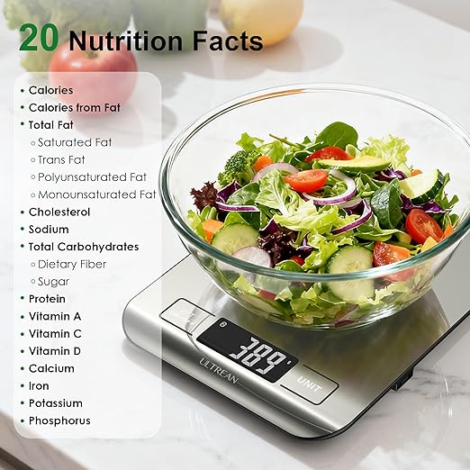 Ultrean Smart Food Kitchen Scale with Nutritional Calculator, Free App for Macro & Calorie Tracking, AI Scan, Digital Grams and Ounces for Weight Loss, Rechargeable, Stainless Steel, 33lb /15kg