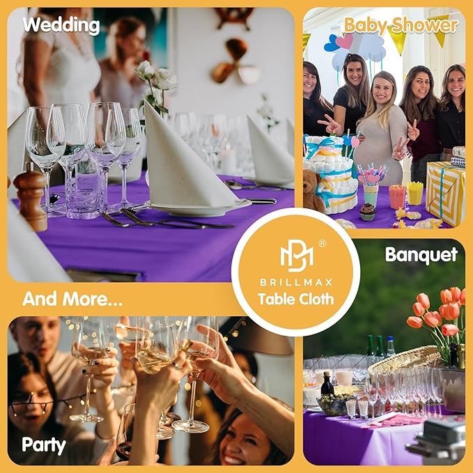 BRILLMAX 4 Pack Purple Tablecloths 90 x 156 Inch for 8ft Rectangle Tables - 150 GSM Polyester Fabric, Floor Length Drop, Water, Stain & Wrinkle Resistant Cloth Cover for Wedding Reception Banquet