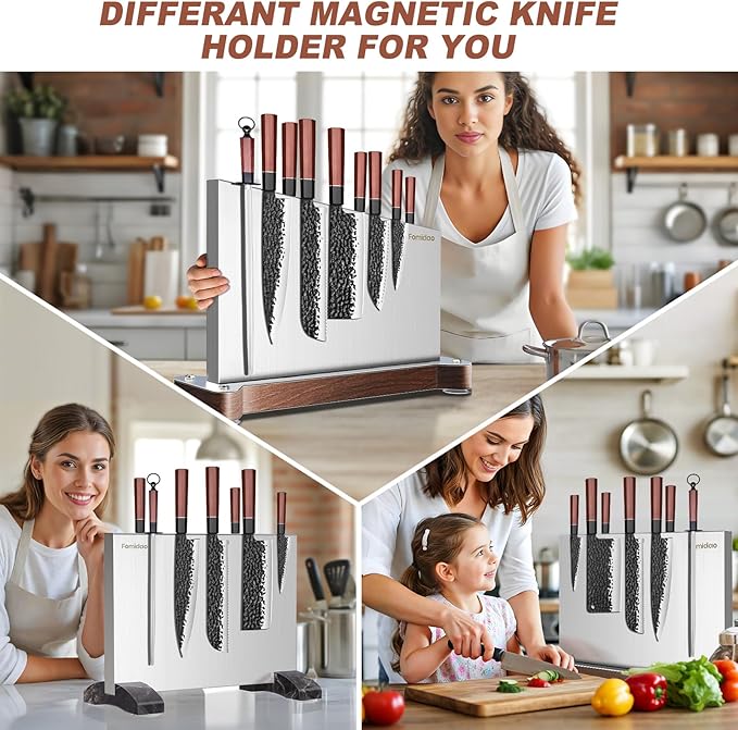 Magnetic Knife Holder Stand,Large Double Sided Magnetic Knife Block WIthout Knives Stainless Steel Magnet Kitchen Knife Holder Strong Magnetic Knife Rack Storage With Three Magnet Strip