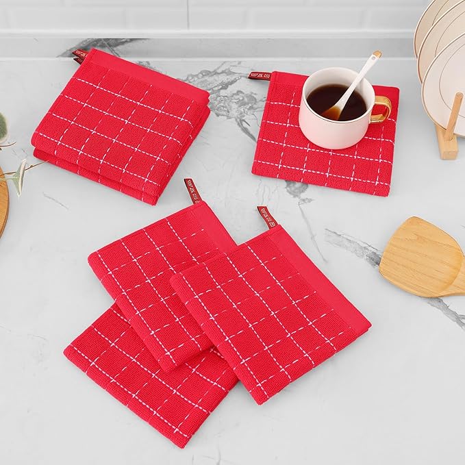 Mordimy 100% Cotton Terry Cloth Dish Cloths, Soft and Absorbent Checkered Dish Towels, Quick Drying Dish Rags for Washing Dishes, 12 Pack, 12 x 12 Inches, Red