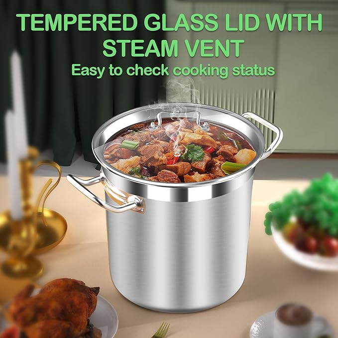 STOCKPOT Stainless Steel 24 Quart Stockpot with Tempered Glass Lid, 3-Ply Base, 6 Gallon, Polished Finish, Suitable for Stovetop and Oven, Dishwasher Safe