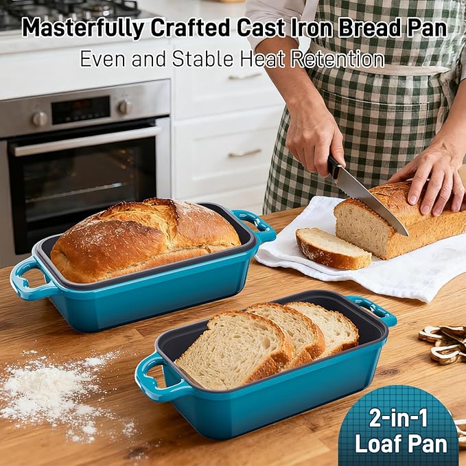 DYCYRQ Enameled Cast Iron Sourdough Bread Dutch Oven, 9x5 Inch Loaf Cast Iron Bread Pan for Homemade Bread Baking, Sourdough Baking Pans, Meatloaf Pan with Lid, 2 Piece set, Emerald