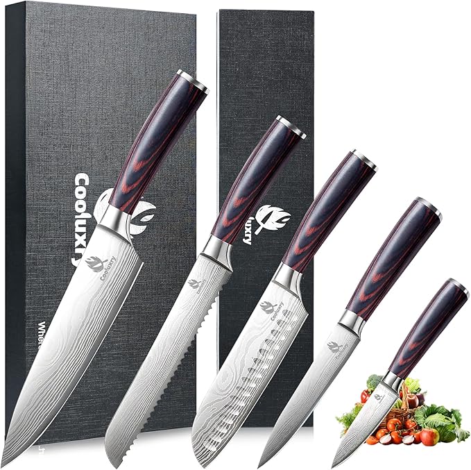 Kitchen Knife Set, Chef Knife, Utility Knife & Paring Knife for Precise Cutting, High Carbon Stainless Steel Professional Chef Knife Set with Wooden Handle, Ultra Sharp Blade (5-Piece)