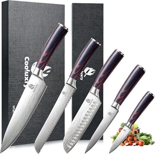 Kitchen Knife Set, Chef Knife, Utility Knife & Paring Knife for Precise Cutting, High Carbon Stainless Steel Professional Chef Knife Set with Wooden Handle, Ultra Sharp Blade (5-Piece)