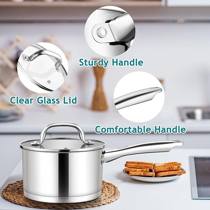 E-far Stainless Steel Saucepan with Lid Set - 2QT & 3QT, Triply Sauce Pan Induction Pot for Cooking, Boiling, Compatible with All Stoves, Visible Lid, Healthy & Non Toxic, Oven & Dishwasher Safe