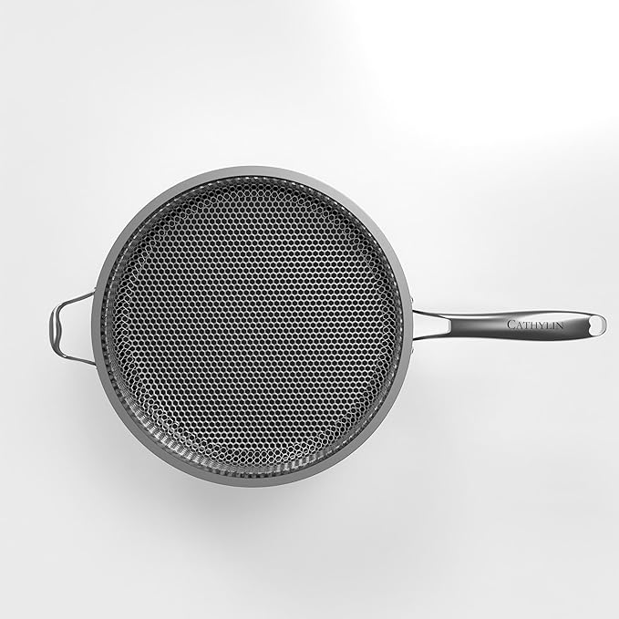 CATHYLIN 316L Stainless Steel 5QT Frying Pan Hexagon Nonstick Wok with Lid,Single Handle to Hold, PFOA Free, Dishwasher Oven Safe (12inch,5QT/Single Handle)
