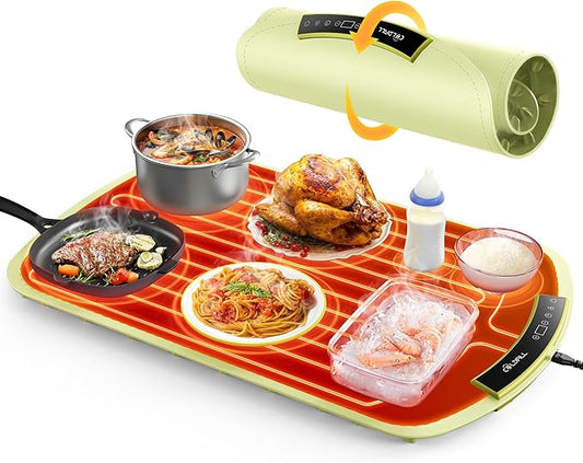 Warming Mat for Food, Electric Food Warming Mat with 8 Temp Level and 4H Timer, Silicone Chafing Dishes(24"x16"), Rollable & Portable Warming Trays for Buffets Party (Green)