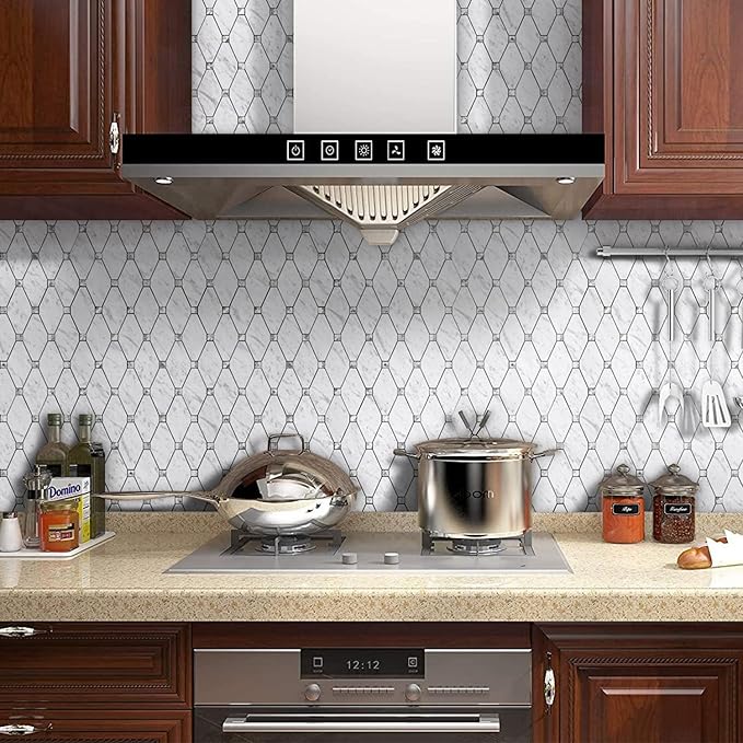 STICKGOO 10 Sheets Peel and Stick Backsplash, Carrara White Stick on Mosaic Tiles for Kitchen Wall Decor, PVC Mixed Glass Self Adhesive Peel and Stick Tile