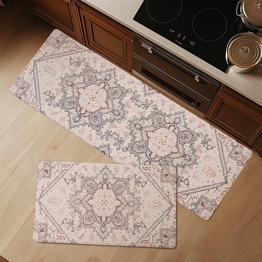 FRESHMINT Anti Fatigue Kitchen Mats Set 2 PCS, Waterproof & Non-Skid Boho Kitchen Rugs, Cushioned Kitchen Floor Mats for Standing Washable Comfort Kitchen Runners for Lanudry, Office, Sink