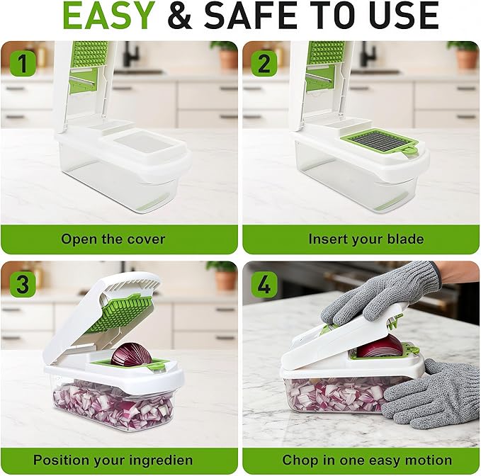 Multifunctional Mandoline Slicer with 7 Blades, Vegetable Chopper Food Cutter with Container, Onion Dicer Potato Grater Salad Prep Tool, Stainless Steel Kitchen Gadgets for Veggie Fruit (White)