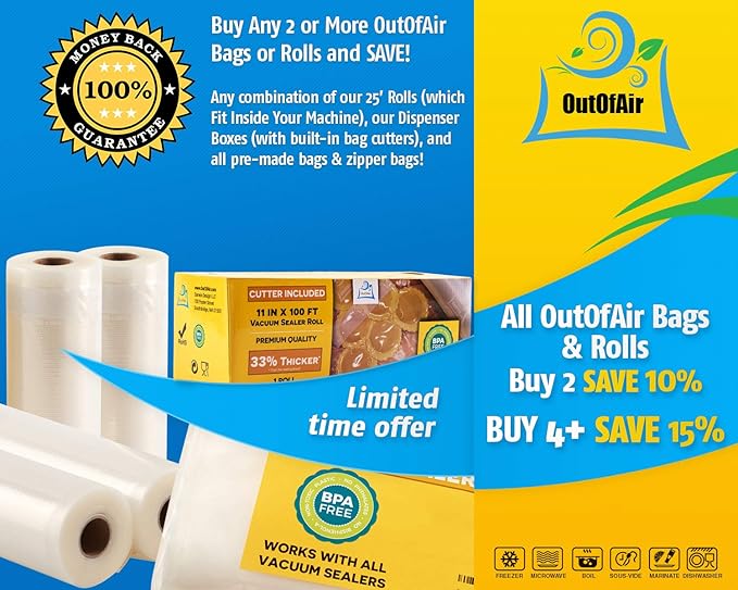 8" & 11" 25ft Vacuum Sealer Rolls (Fit Inside) 4 Rolls (2 of Each, 100ft total) OutOfAir Vacuum Sealer Bags Works With FoodSaver & Other Machines - 33% Thicker BPA Free, Commercial Grade
