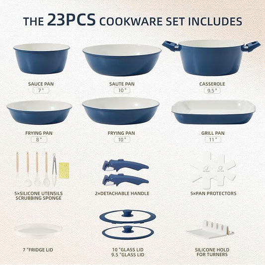 23pcs Ceramic Pots and Pans Set, Nonstick Detachable Handle Cookware, Induction Kitchen Cooking Set with Removable Handle,include Frying Pans & Saucepans Oven Safe(Blue)