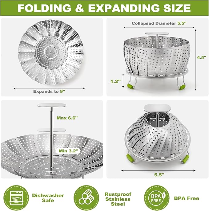 Steamer Basket, 3rd Generation Stainless Steel Vegetable Steamer with Extendable Handle for Cooking Food, Folding & Expandable Veggie Steam Insert, Fit Various Size Instant Pot (5.5" to 9")