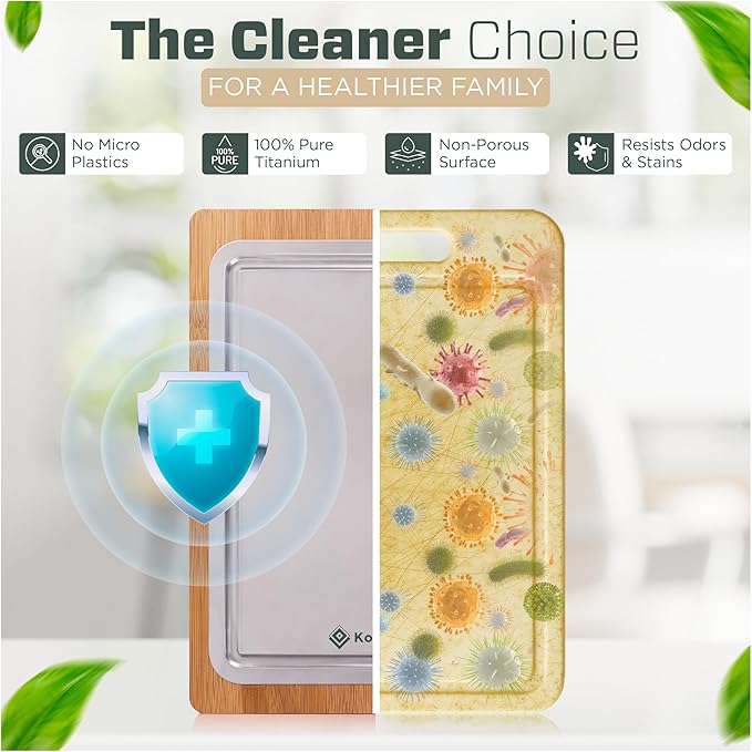 KoruPeak Pure Titanium Cutting Board - Double-Sided Titanium Cutting Boards for Kitchen with Bamboo Side - Large 16"x12"