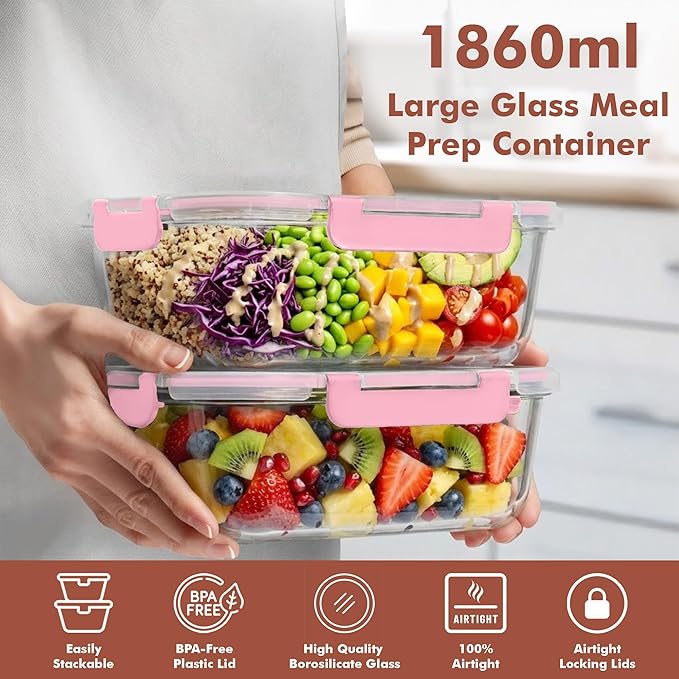 Razab 4 Pcs 1860ml / 63 Oz Large Glass Food Storage Containers with Lids - Glass Meal Prep Containers with Locking Lids for Roasting, Storing Leftover, Lunch Container, BPA Free, Microwave & Oven Safe
