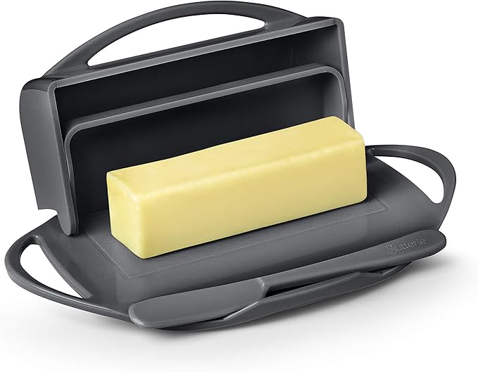 Butterie Flip-Top Butter Dish with Lid & Matching Knife, Holds 2 Sticks/European Butter, No-Mess Butter Holder, Shatterproof, Dishwasher Safe, Grey