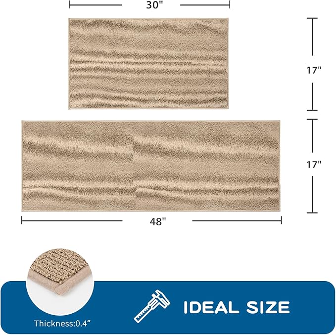 PURRUGS Machine Washable Kitchen Rug [2 PCS] (17" x 30"+ 17" x 48"), Non-Slip/Skid Kitchen Runner Rugs & Floor Mats, Super Absorbent Soft Area Rugs for Sink, Kitchen & Laundry, Beige