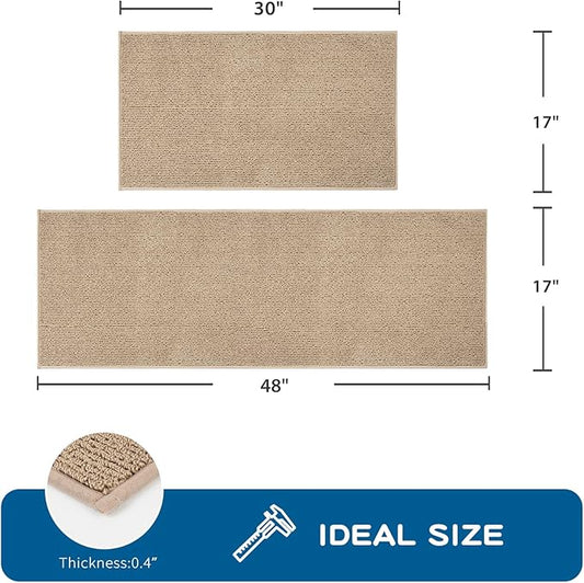 PURRUGS Machine Washable Kitchen Rug [2 PCS] (17" x 30"+ 17" x 48"), Non-Slip/Skid Kitchen Runner Rugs & Floor Mats, Super Absorbent Soft Area Rugs for Sink, Kitchen & Laundry, Beige