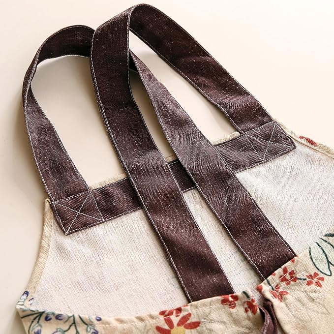patdrea Blue Floral Linen Apron with Pocket,French Kitchen Garden Chef BBQ Aprons for Women and Men,Crisscross Back Straps