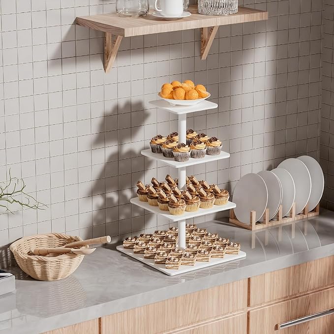 Rustic Cupcake Stand 4 Tier Square Wooden Cupcake Stands for Dessert Table Tea Parties Birthday Wedding Cupcake Tower Display