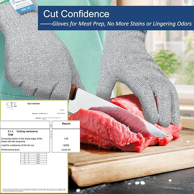 Dowellife Cut Resistant Gloves A9 Maximum Protection - Food Grade Kitchen & Chef Gloves for Food Prep, Knife Cutting, Mandoline Slicing, Butcher, Oyster Shucking, Fish Handling (Large, 2 Pairs)