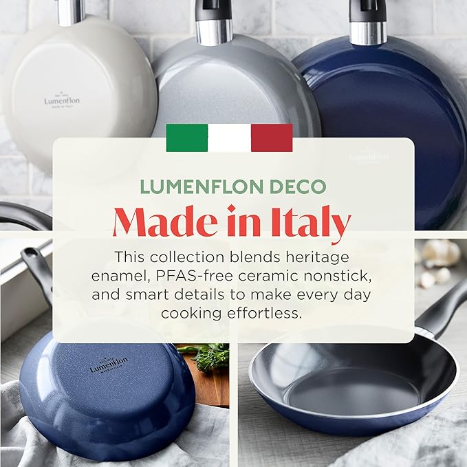 Lumenflon Deco 8” Nonstick Frying Pan Skillet, Made in Italy, Diamond Ceramic PFAS-Free, Dishwasher & Metal Utensil Safe, Durable Gloss Enamel Finish, Stay-Cool Handle, High Walls-Extra Room, Blue