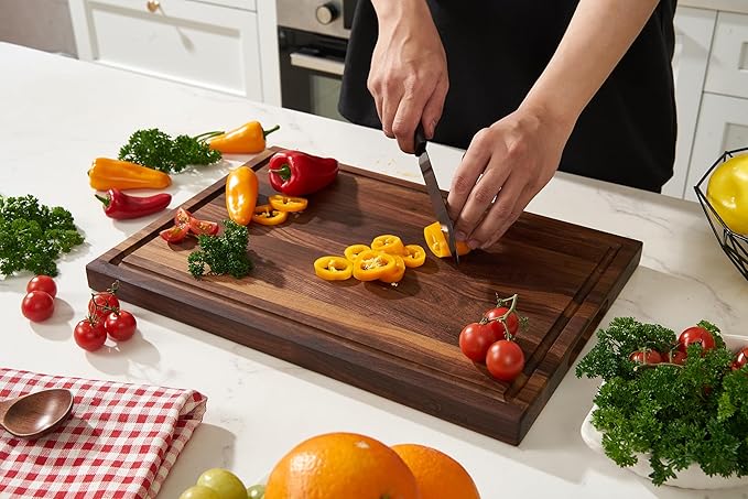 Cozifa American Dark Walnut Wood Cutting Board 17x12 x1in for Kitchen with Juice Groove, Inner Handles, Gift Box, Thick Wooden Cutting Board Finished with Linseed Oil, Beeswax, Carnauba Wax, Lemon Oil
