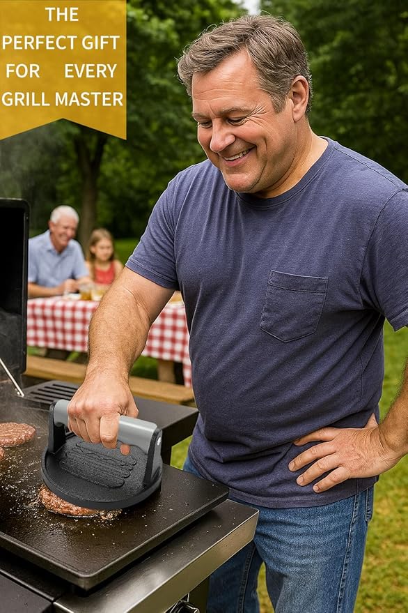 Smash Burger Press 6.7-Inch Round Cast Iron Grill Press with Ergonomic Silicone Handle – Heavy-Duty Bacon with Unique Burger Design for Even Grilling