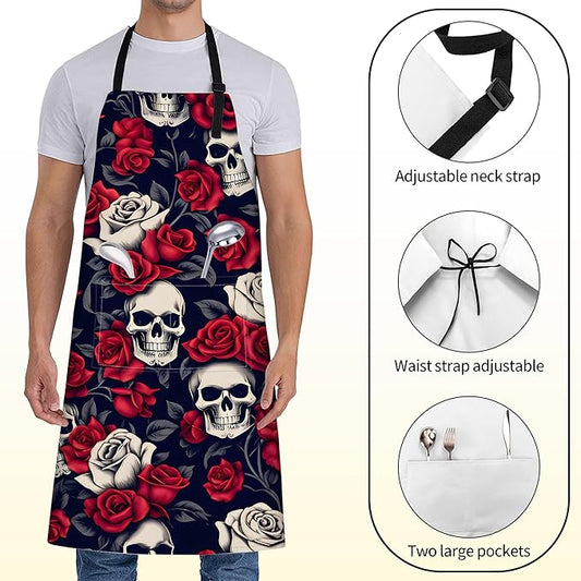 Gothic Skull Apron for Women with Rose,28x33in,Goth Kitchen Aprons with 2 Pockets, Oxford Fabric,Bold Halloween Adjustable Apron for Cooking Baking Gardening Chef,Gifts for Mom Wife