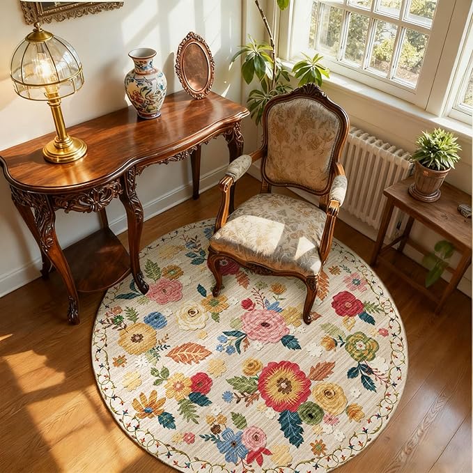 4x4 Round Bedroom Rug Washable: Round AreaRug Stain Resistant Floral Rug Non Slip Low Pile Small Carpet for Bedroom Kitchen Entryway Living Room Bedside Office Dorm Kids Room Entrance