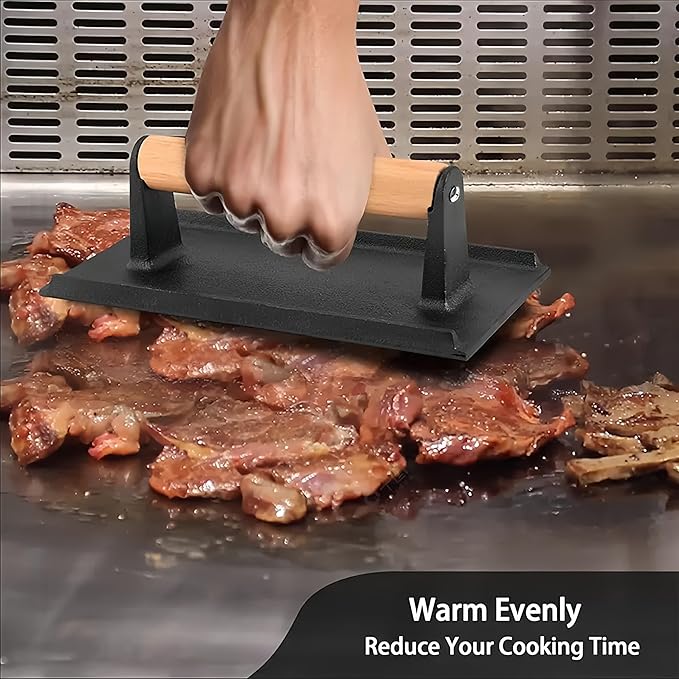RIIPOO Professional Cast Iron Grill Press - Heavy Duty 2lbs Rectangle Smash Burger & Bacon Press with Wood Handle, Non-Stick Ribbed Grill Weight for Steak, Sandwiches & Perfect Grill Marks