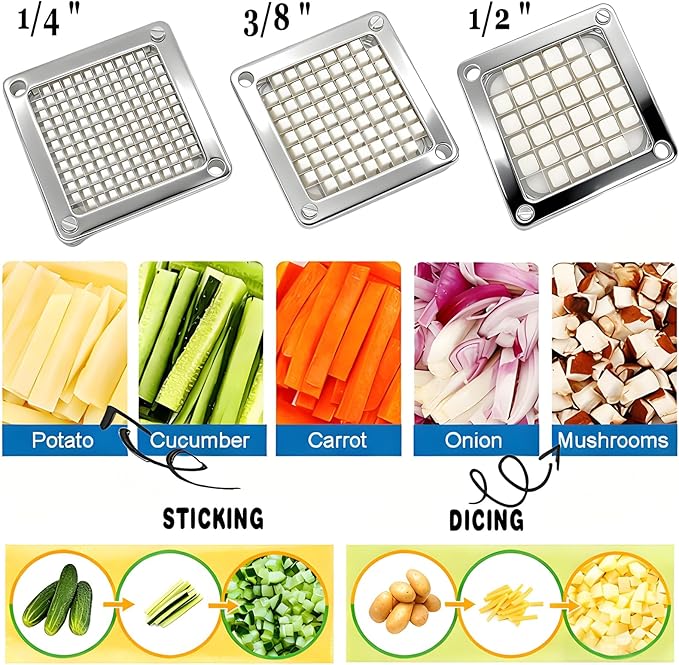 CTJ Commercial Vegetable Chopper & French Fry Cutter with (1/4" 3/8" 1/2") Replacement Blades Stainless Steel Veggie - Home Kitchen or Restaurant Use for Tomato Peppers Potato
