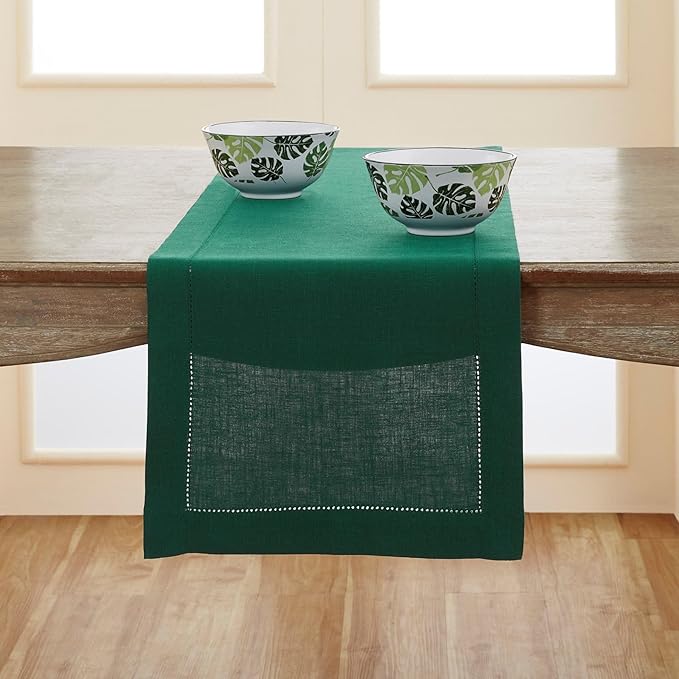Solino Home Linen Rainforest Green Table Runner 156 Inches Long - 100% Pure Linen Extra Long Table Runner 14 x 156 Inch for St Patricks Day - Classic Hemstitch