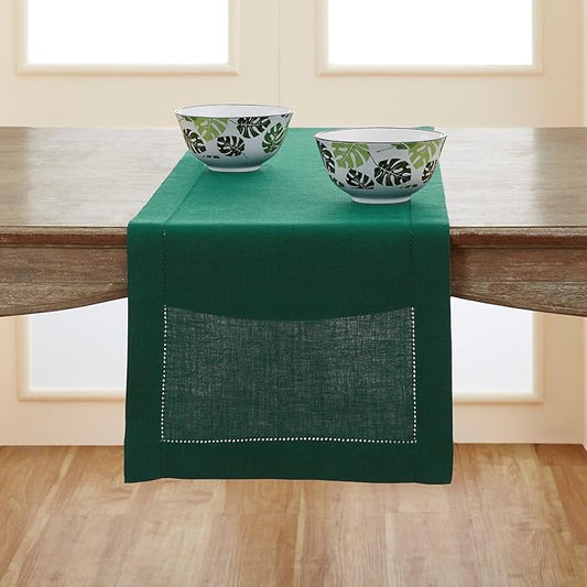 Solino Home Linen Rainforest Green Table Runner 156 Inches Long - 100% Pure Linen Extra Long Table Runner 14 x 156 Inch for St Patricks Day - Classic Hemstitch