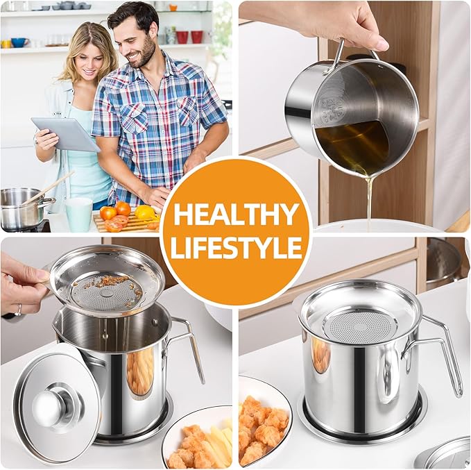 DIY HOME Bacon Grease Container, 1.8L / 61fl oz Cooking Oil Storage Strainer Oil Filter with Fine Mesh Strainer 304 Stainless Steel Grease Can for Kitchen Fat Storage