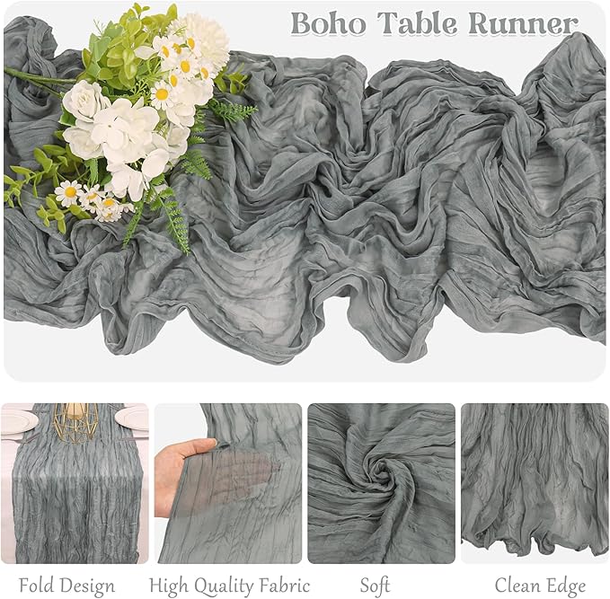 10 Pack Grey Cheesecloth Table Runner 6FT Boho Gauze Fabric Table Runner Vintage Rustic Sheer Runners for Wedding Party Bridal Baby Shower Long Table Decorations