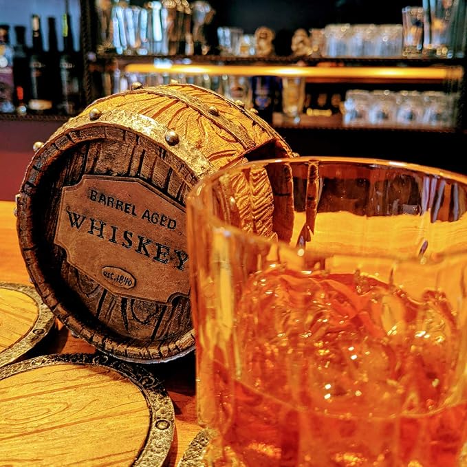 Pine Ridge Whiskey Bourbon Barrel Coaster Set - 5 Rustic Pieces for Bar Decorations for Home, Coasters for Men, Ideal Bar Coasters for Whiskey and Bourbon Drinkers, Man Cave Essentials