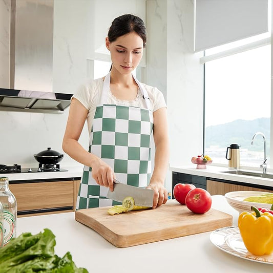 2 Pack Checkered Kitchen Apron, Sage Green Checkerboard Aprons for Women with Pockets, Chef Apron for Men, Waterproof Aprons for Cooking