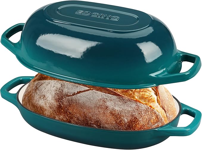 EDGING CASTING Enameled Cast Iron Oval Dutch Oven Pot with Lid, Dutch Oven for Sourdough Bread Baking, Oval Bread Pan, Bread Oven, Bread Dutch Oven, 5qt, Darkcyan