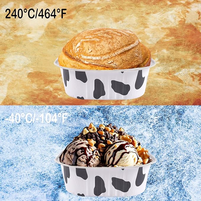 BZIDII 10oz Mini Cake Pans With Lids 50 Pack Aluminum Foil Square Brownie Baking Cups,4”x4” Disposable Loaf Pans With Lids and Spoons Stickers,Large Cupcake Pans Muffin Cake Tins Container(Cow Print)
