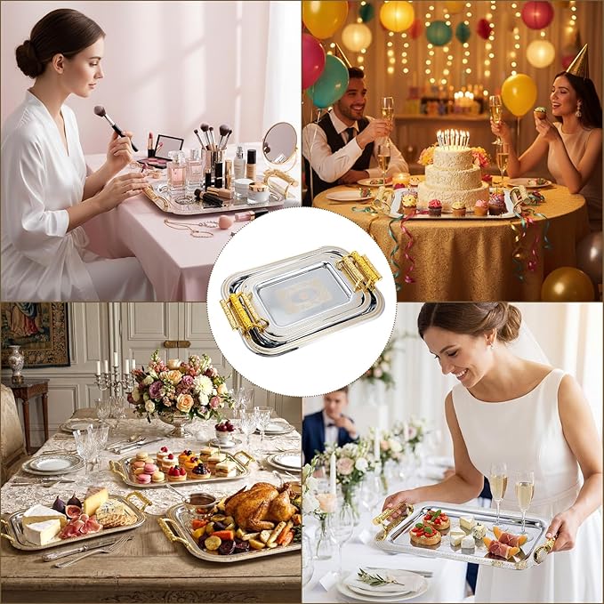3 Pack Stainless Steel Serving Tray with Gold Handle Silver Metal Plate Platter Coffee Tea Serving Tray Floral Table Platter for Buffet Wedding Party Jewelry, 12" x 8", 13" x 9", 16" x 14"