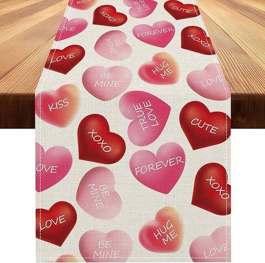 Valentines Day Table Runner 13x108 Inch, Be Mine Kiss XOXO Love Hearts Valentine Table Runner, Anniversary Home Kitchen Dining Table Holiday Party Decorations