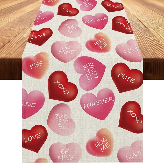 Valentines Day Table Runner 13x120 Inch, Be Mine Kiss XOXO Love Hearts Valentine Table Runner, Anniversary Home Kitchen Dining Table Holiday Party Decorations