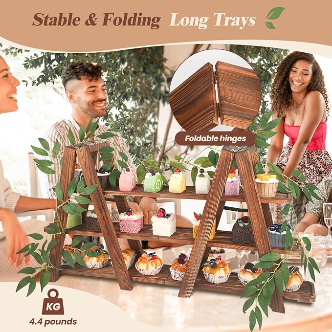 Wooden 3-Tier Cupcake Stand with Removable Trays & Vine Decoration — Foldable Party Display Serving Ladder with Platter for Cake, Snacks, Fruits, Chips, Bread