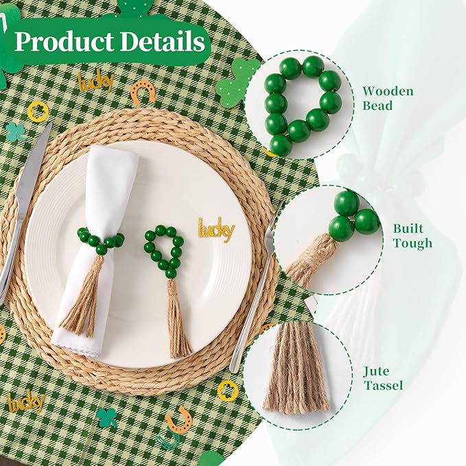 APTWOW Napkin Rings Set of 6, Green Wooden Bead Napkin Rings for Table Decor, St Patricks Day Farmhouse Napkins Rings for Boho Table Decor, Spring Banquet, Wedding, Holiday Dinner Party, Easter